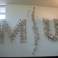 The Letterdance artwork located in three separate sites within Highland Center is made of stainless steel, bronze and brass to reflect and enhance the internationally diverse community of Minnesota State Mankato