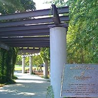 The Jane Rush Gathering Place includes an arbor, located over the western sidewalk of the plaza, and a small cupola located in the arbor's center in front of the Performing Arts building