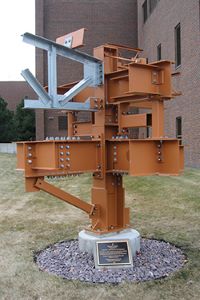 The Steel Sculpture and its 50 different connections (bolts and welds) is located outside on the east side of Trafton East