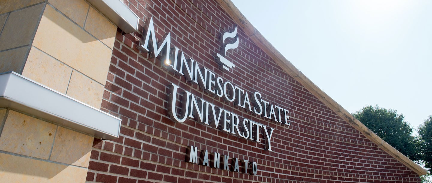 The Minnesota State University, Mankato sign on the gateway entrance to the campus