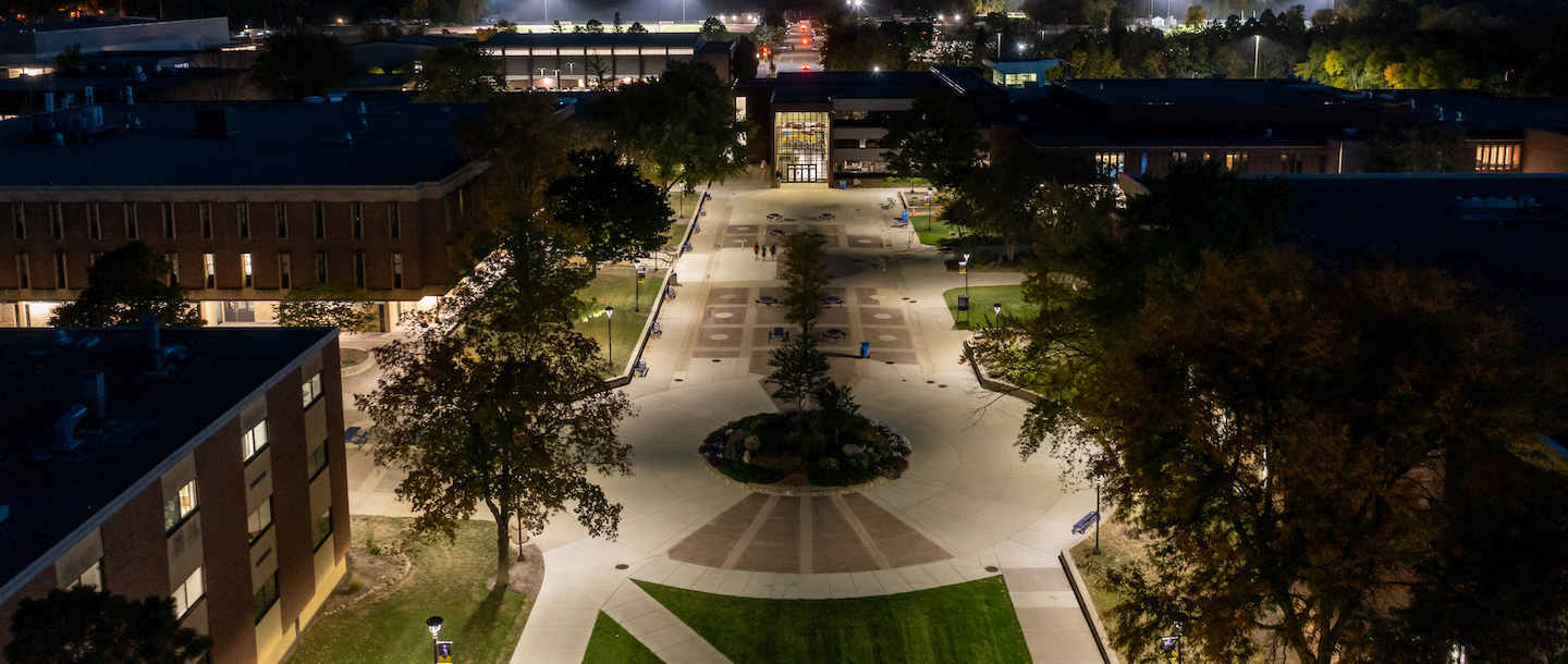 Drone view of the Minnesota State University campus mall area at night