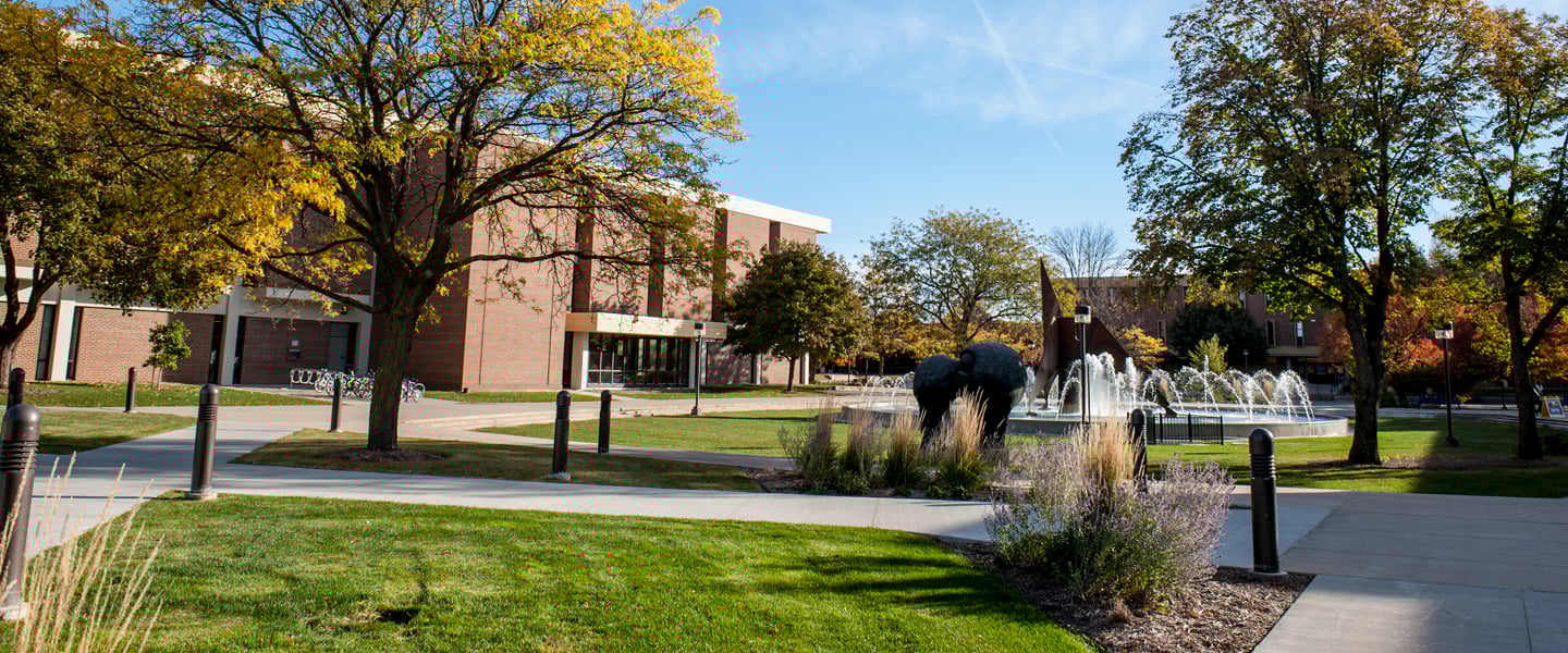 Memorial library and the fountain outside of the campus mall