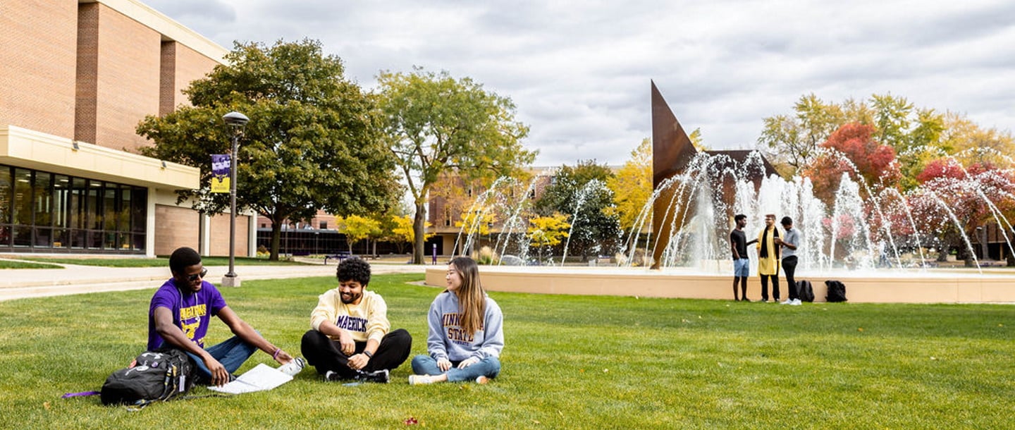 students sitting on the grass talking in front of the fountain on campus with other students standing in the background