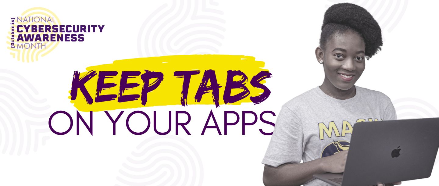 Girl smiling with a laptop. Text that says: "Keep tabs on your apps"