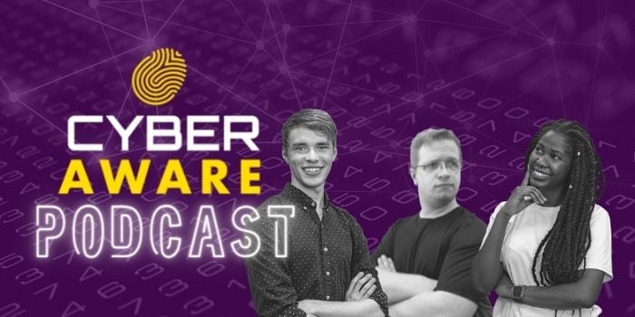 Grayscale cut-out images of the cast of the CyberAware Podcast with Nathan, Ham, and Mercy posing with their arms folded. Purple background with numbers. The Minnesota State University, Mankato IT Solutions logo with torch icon. Gold fingerprint icon and text that says: "CyberAware Podcast"