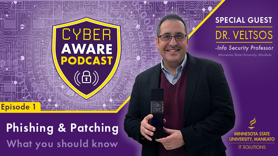 CyberAware Podcast logo and photo for Dr. Veltsos