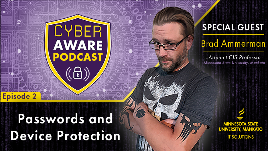 Circuit imagery, shield and lock CyberAware logo and photo of Brad Ammerman