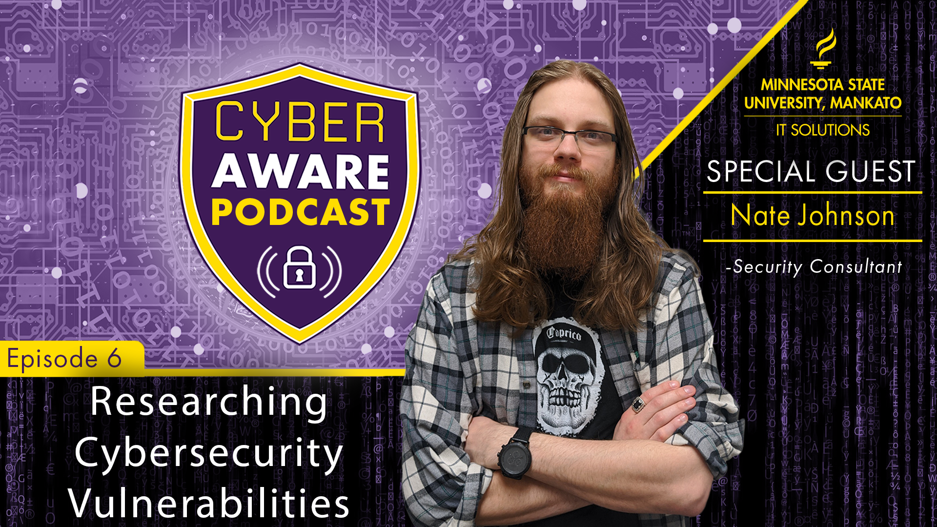 IT Solutions logo, circuit imagery, shield and lock CyberAware Podcast logo, and photo of Nate Johnson. Text that says “special guest Nate Johnson, security consultant. Episode six, Researching Cybersecurity Vulnerabilities”