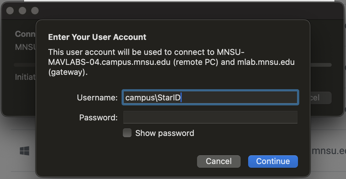 Screenshot of the MavLABS login screen showing the username field filled in with text "campus\StarID"