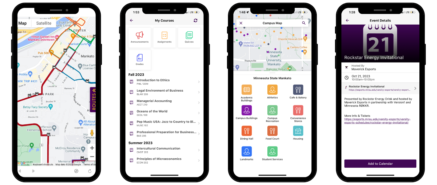 Screenshots of the Mav Life app showing bus tracker, class schedule, campus maps, and events