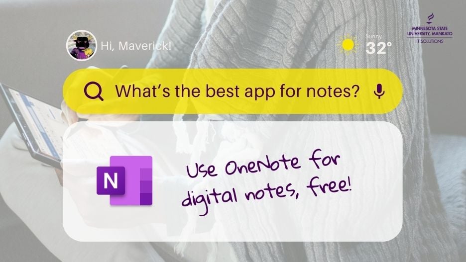 Microsoft OneNote logo. Person searching online a question: What's the best app for notes? Use OneNote for digital notes, free!