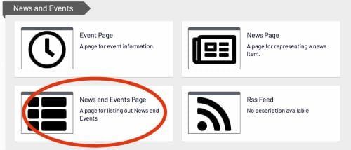 Screenshot of page categories in Episerver with News and Events Page block option circled in red