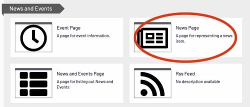 Screenshot of page categories in Episerver with News Page block option circled in red