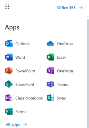 Screenshot of Office 365 apps