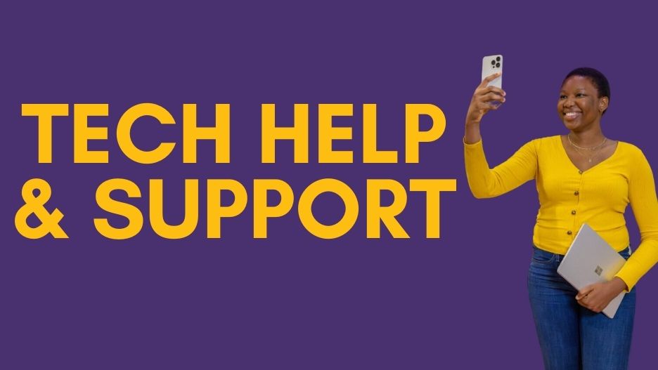 Tech help and support. IT Solutions. A png of a girl on the right side of the image taking a selfie with a laptop in her hand. 