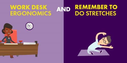 Cartoon person sitting at desk and cartoon person doing arm stretches. Text that says: "Work desk ergonomics and remember to do stretches"