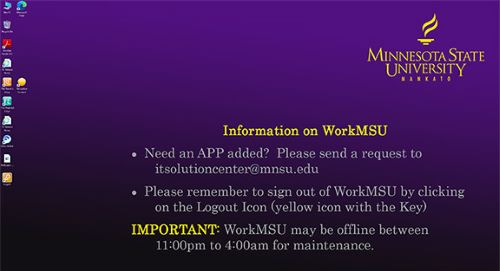 Screenshot image of the WorkMSU Windows desktop with the Minnesota State University Mankato logo