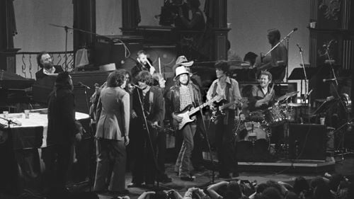 Photo of The Last Waltz that took place on Thanksgiving Day 1976 at Winterland Ballroom in San Francisco, CA. The concert was billed as the final performance by The Band.