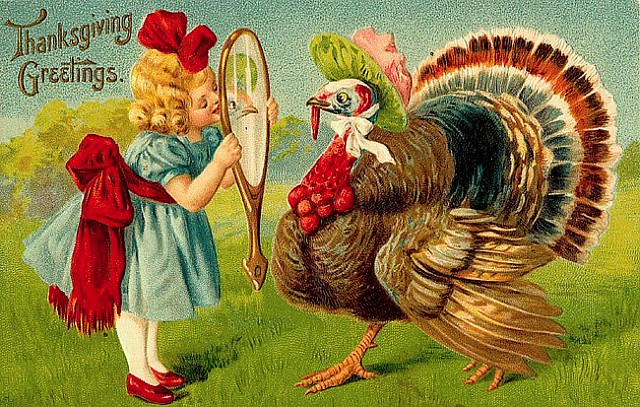 A little girl holds a mirror up so a turkey can see its reflection
