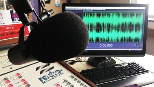 Podcast studio set at the KMSU Radio Station