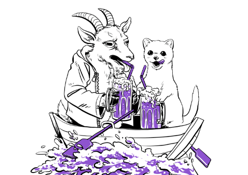 a goat and cat in a boat