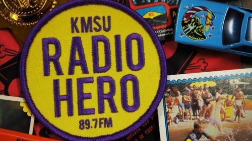 KMSU Radio Hero 89.7 FM patch with a photo, toy car and other small items
