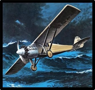 A painting of the Spirit of Louis airplane flying across the Atlantic ocean