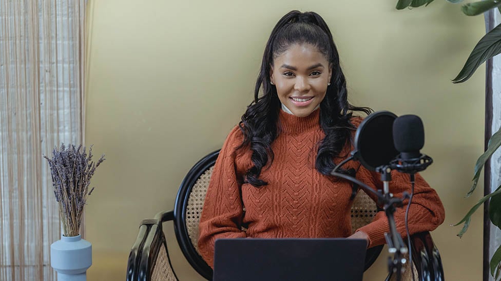 Student set up to record a podcast