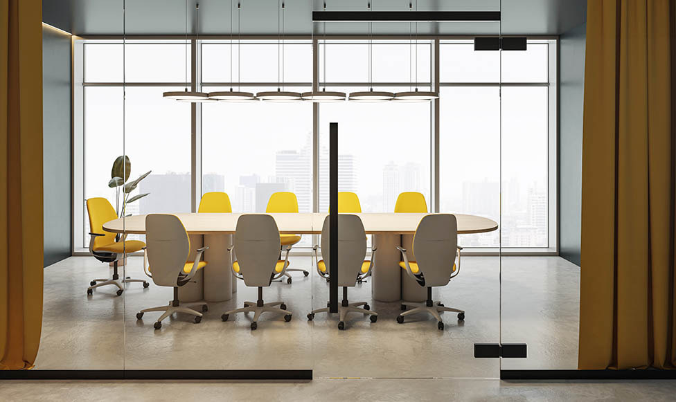 Empty Board Room image with large window and yellow chairs
