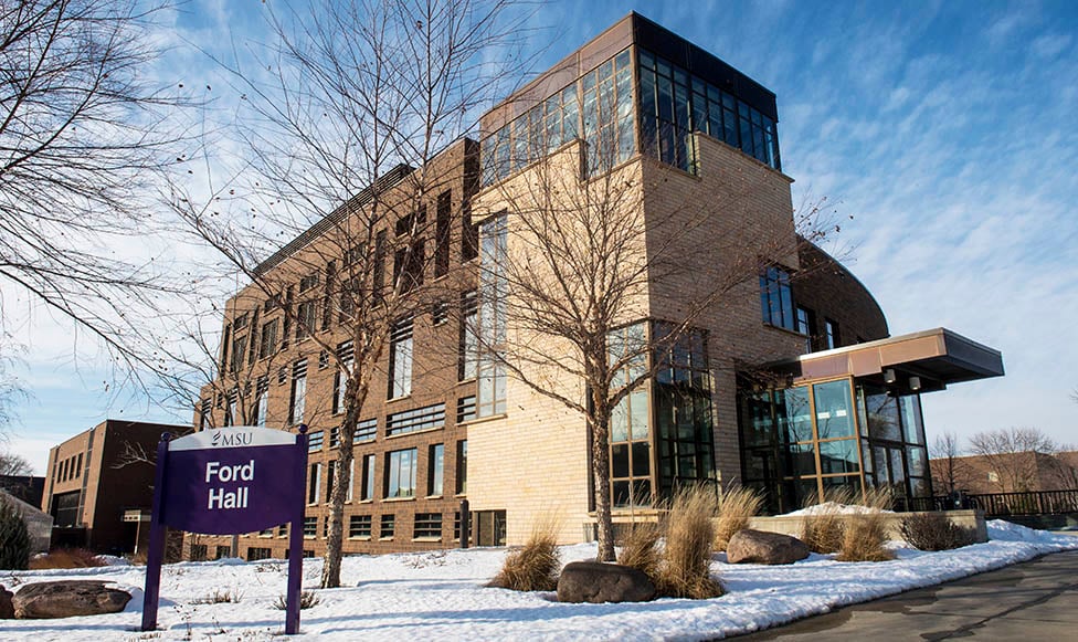 View of Ford Hall with snow on the ground