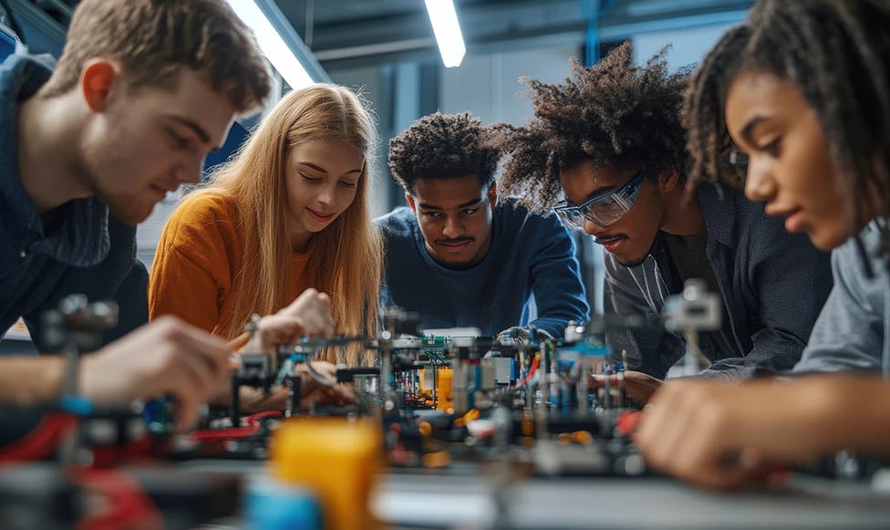 student gathered around gadets trying to figure something out for a competition