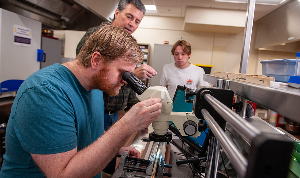 student looking at soil sample through a microscope