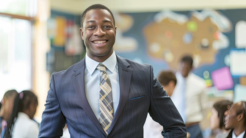 Man standing in a suit smiling. 