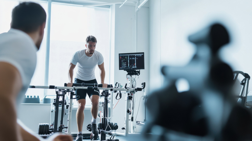 Man being tested while running on treadmill.