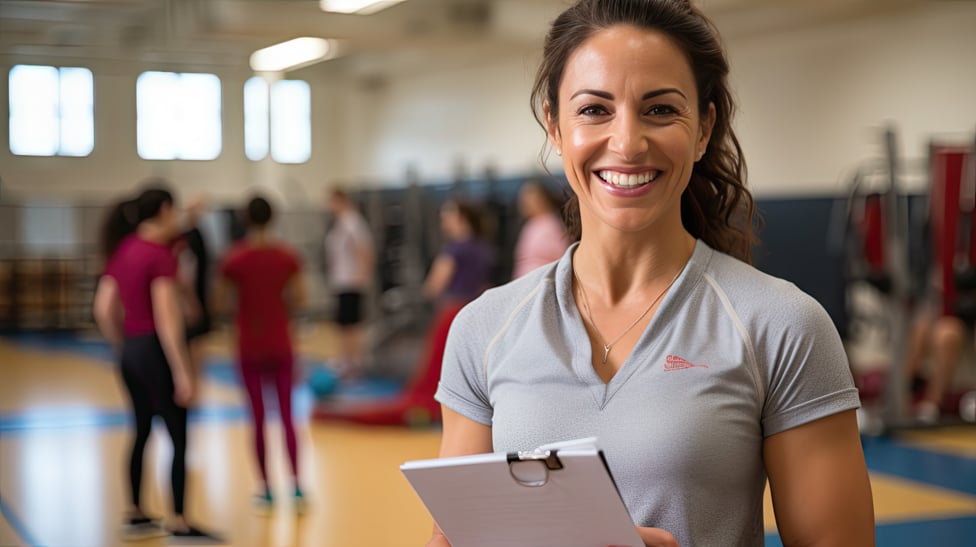 Women gym teacher in gym.