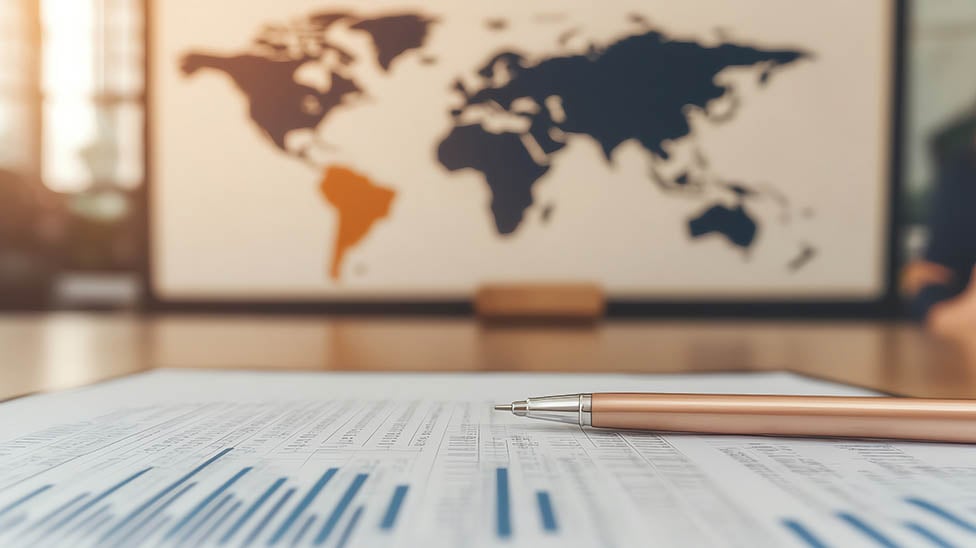 negotiating around a table with a world map in the background
