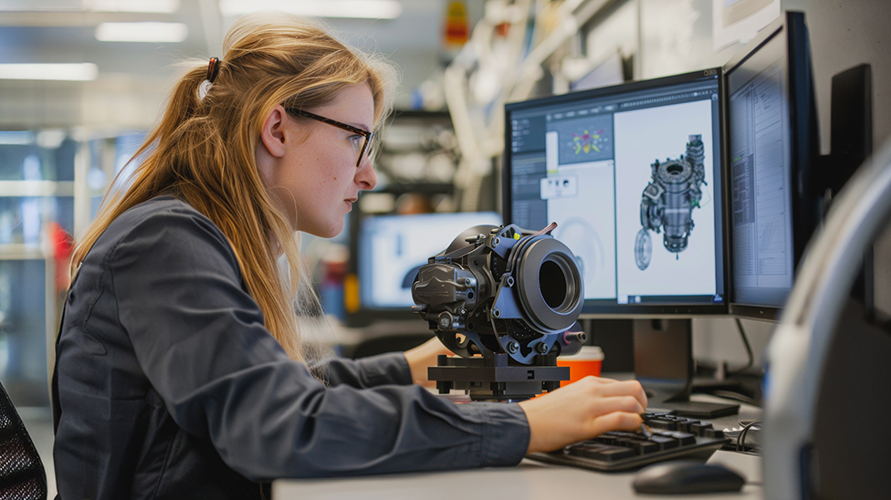 female student with a mechanical device in front of her scrolling to find something on the computer