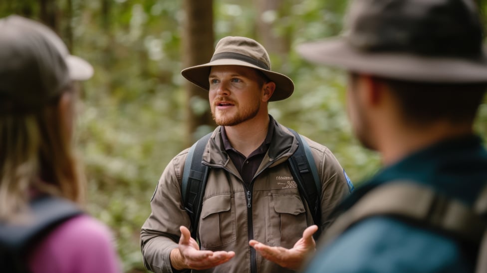 Tour guide talking in the wilderness.
