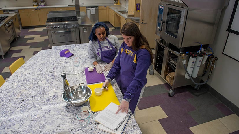 two students in a food lab.