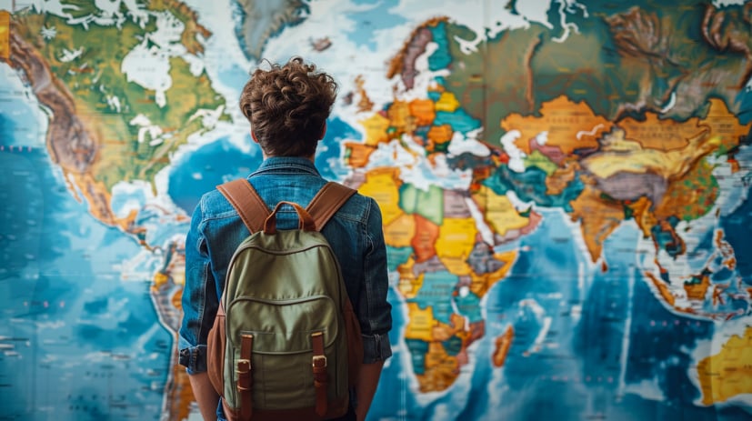 College student looking at map of the world.