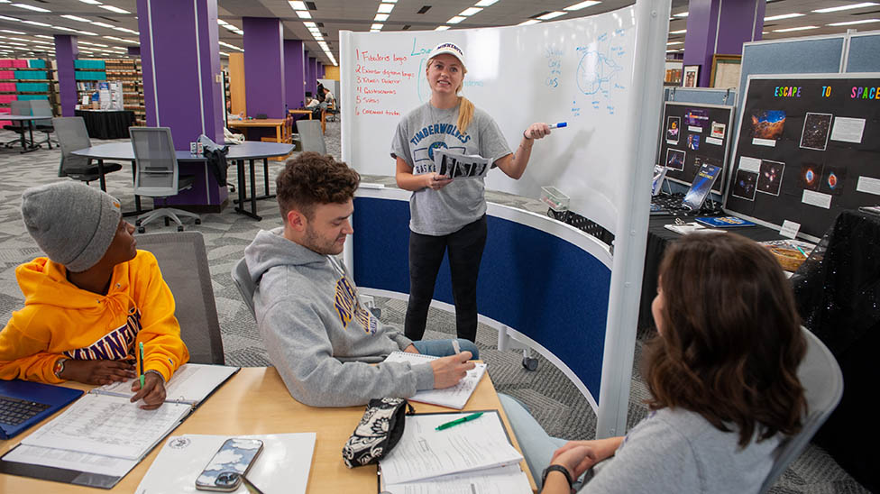 students meeting in the library while one student is giving a presentation