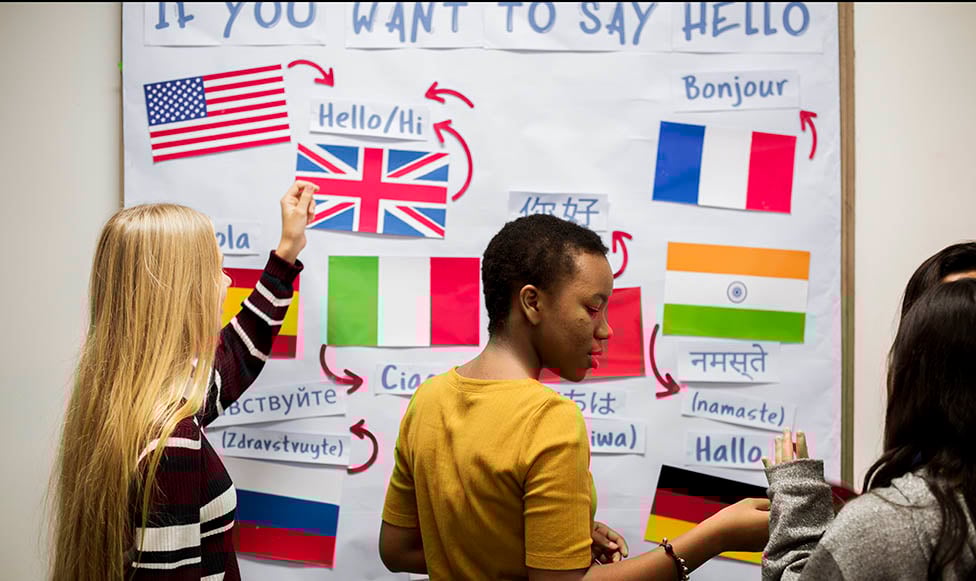 Secondary age kids standing around a bulletin board that reads How to say Hello in other languages and the board is filled with international flags and spelling of how to say hello in that language. 