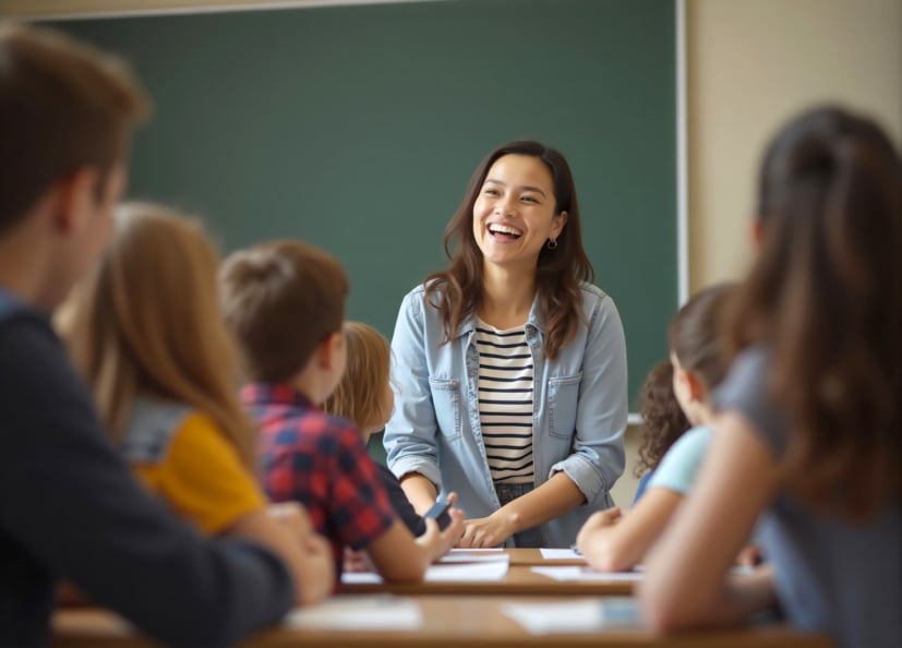 Teacher smiling at front of the classroom.