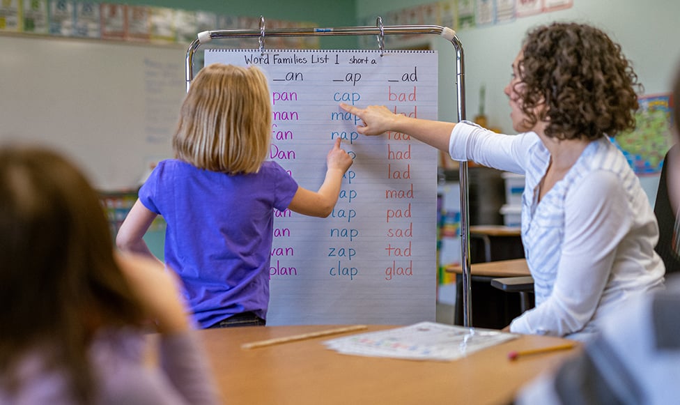 Teacher helping student read.