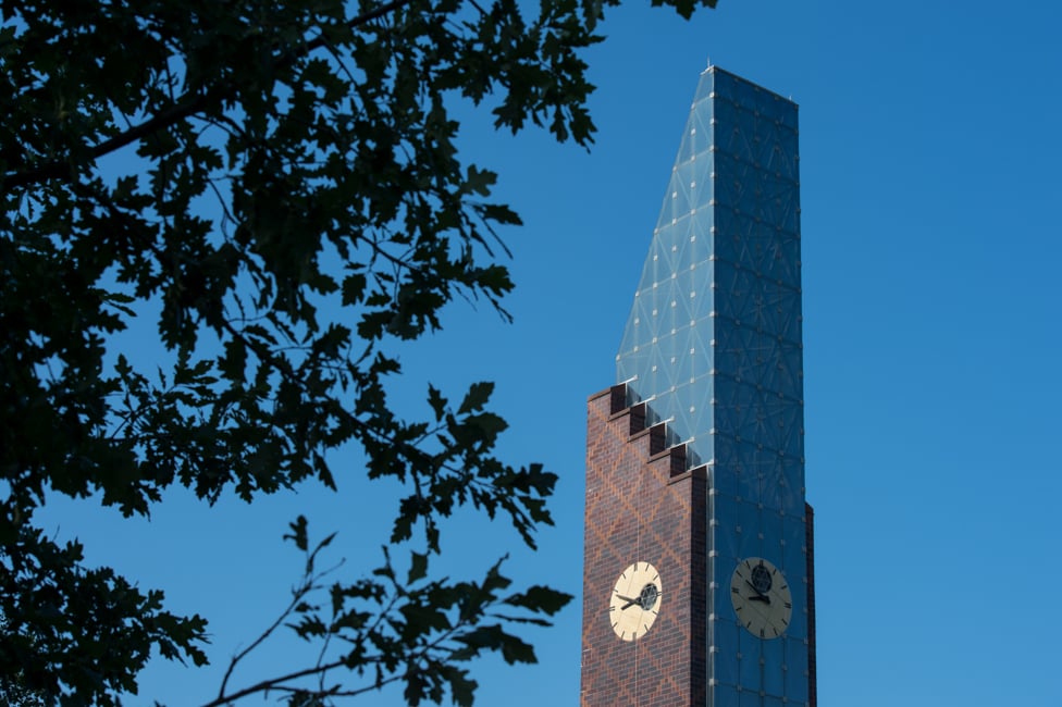 MSU Bell tower against a blue sky. 
