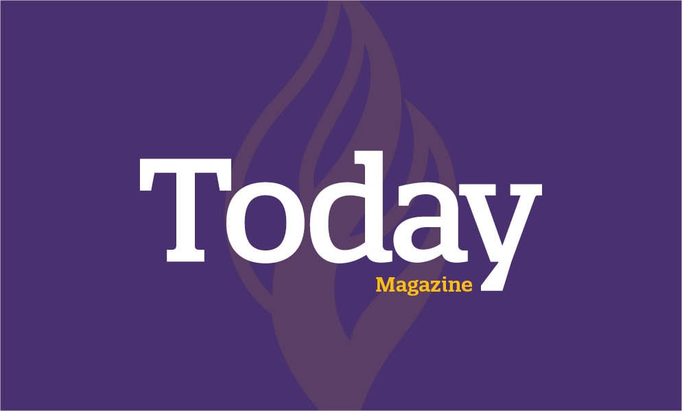 Purple background with MSU flame faded back and the words Today Magazine on top.