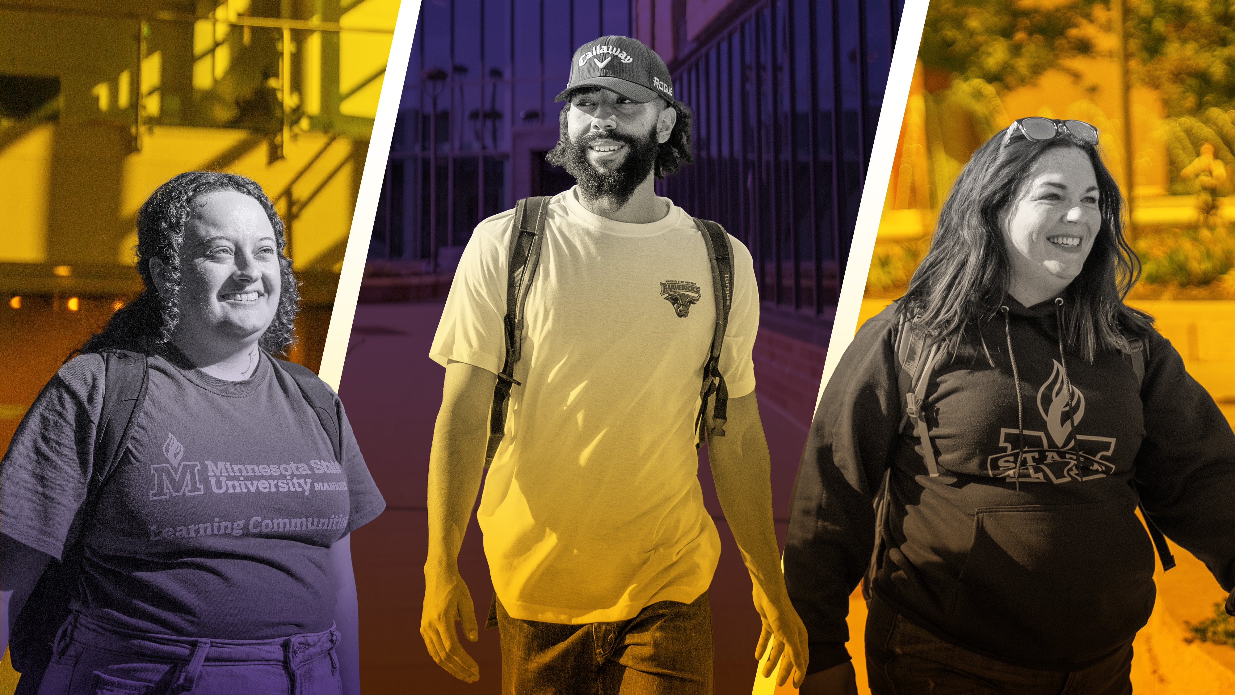 collage of transfer students walking on campus and smiling