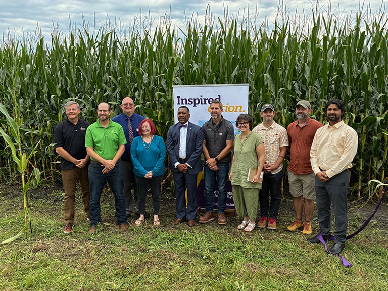 Sherri Arndt (fourth from left) is pictured with Minnesota State Mankato administrators and faculty members along with representatives of the MSU Foundation and GreenSeam at a ribbon-cutting ceremony Aug. 25, 2025 in Comfrey, Minnesota.