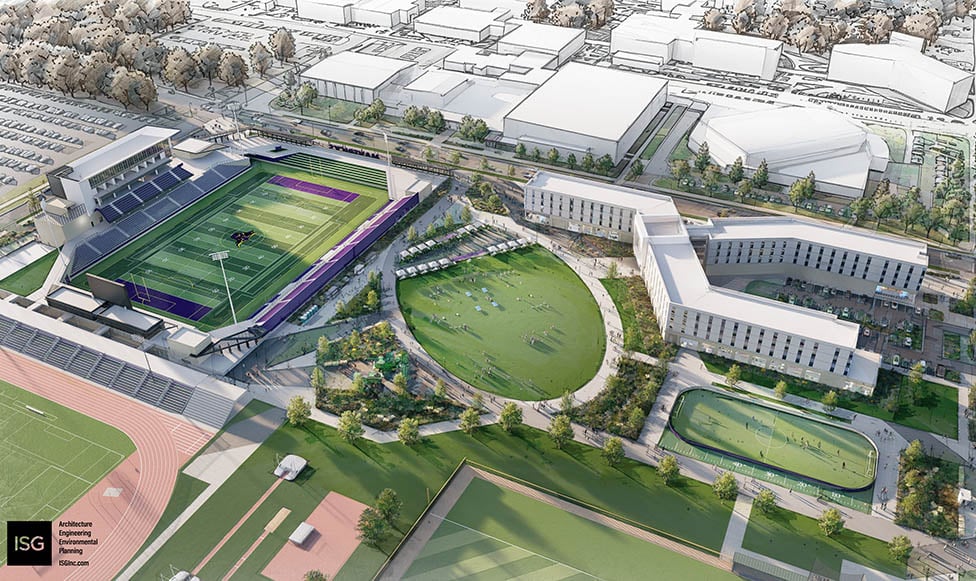 Future State Rendering showcase a new football stadium, open green space leading to a new dorm and multi-use building. behind the football stadium there is a track with a new soccer pitch, a play area and concessions. 
