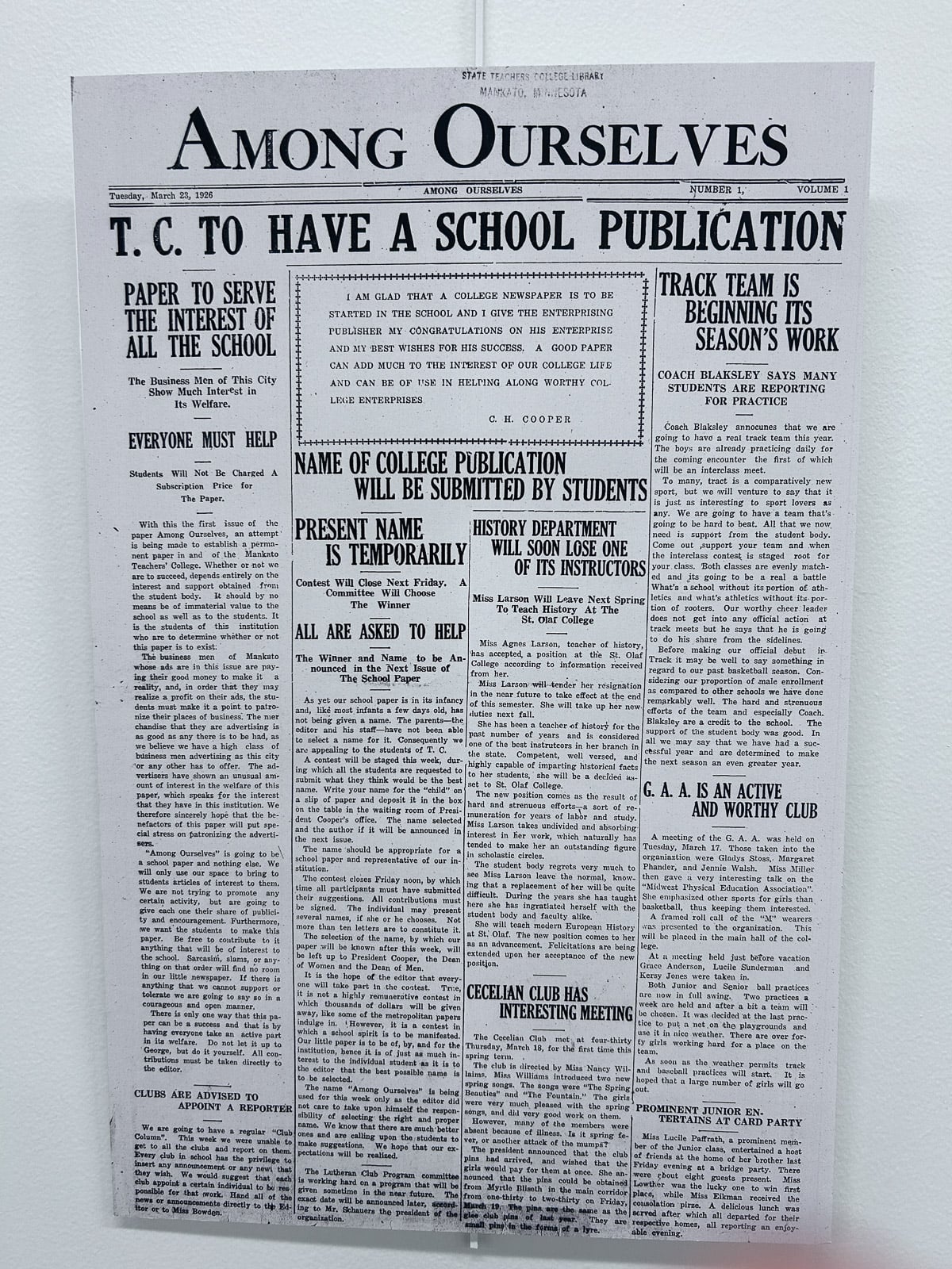 school newspaper, front page Among Ourselves 